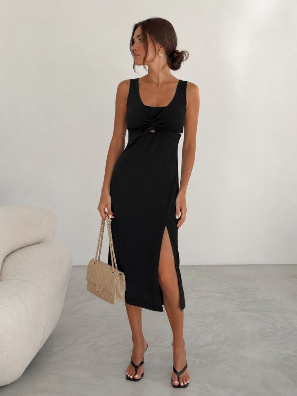 Shein Black Textured Cutout Midi Dress Twist Front Side Slit Size M